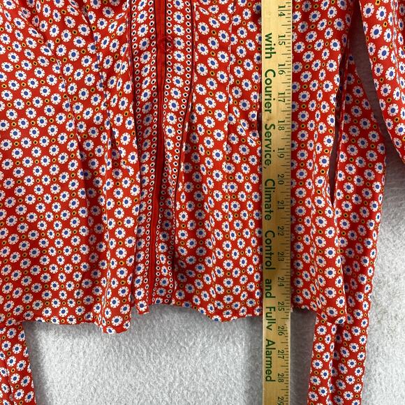 MAX STUDIO Top L Peasant Floral Print Blouse Smocked Tie Front 3/4 Sleeve Red - Picture 8 of 9